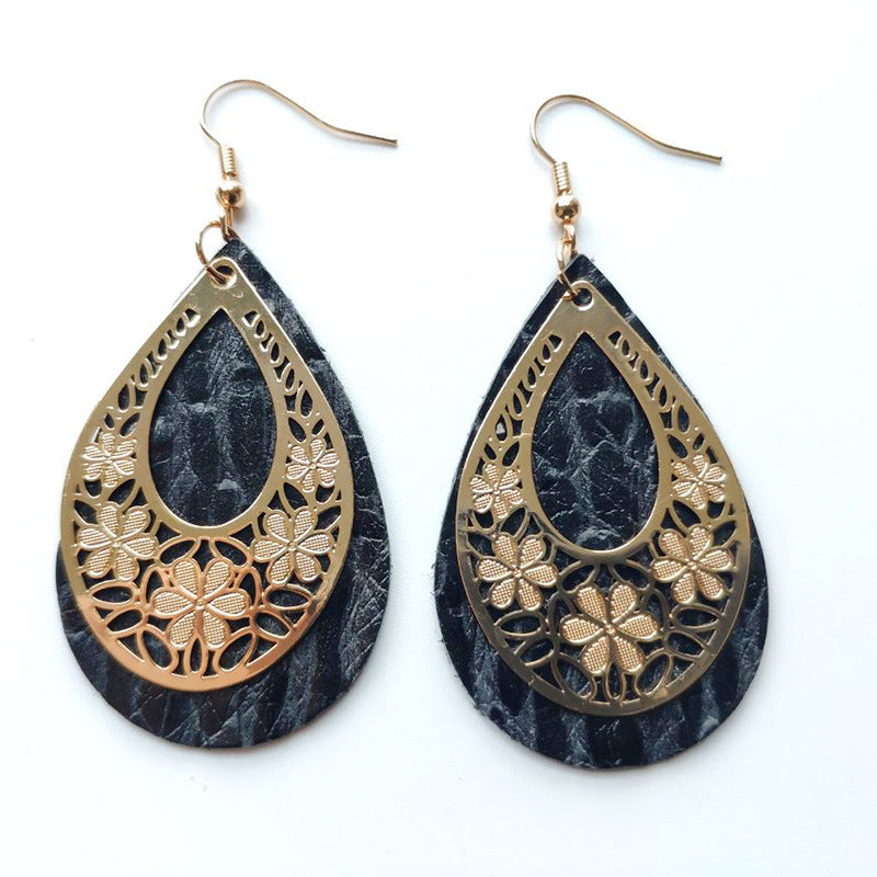 Wholesale 3pairs/pack Genuine Leather Hollow Flowers Earrings